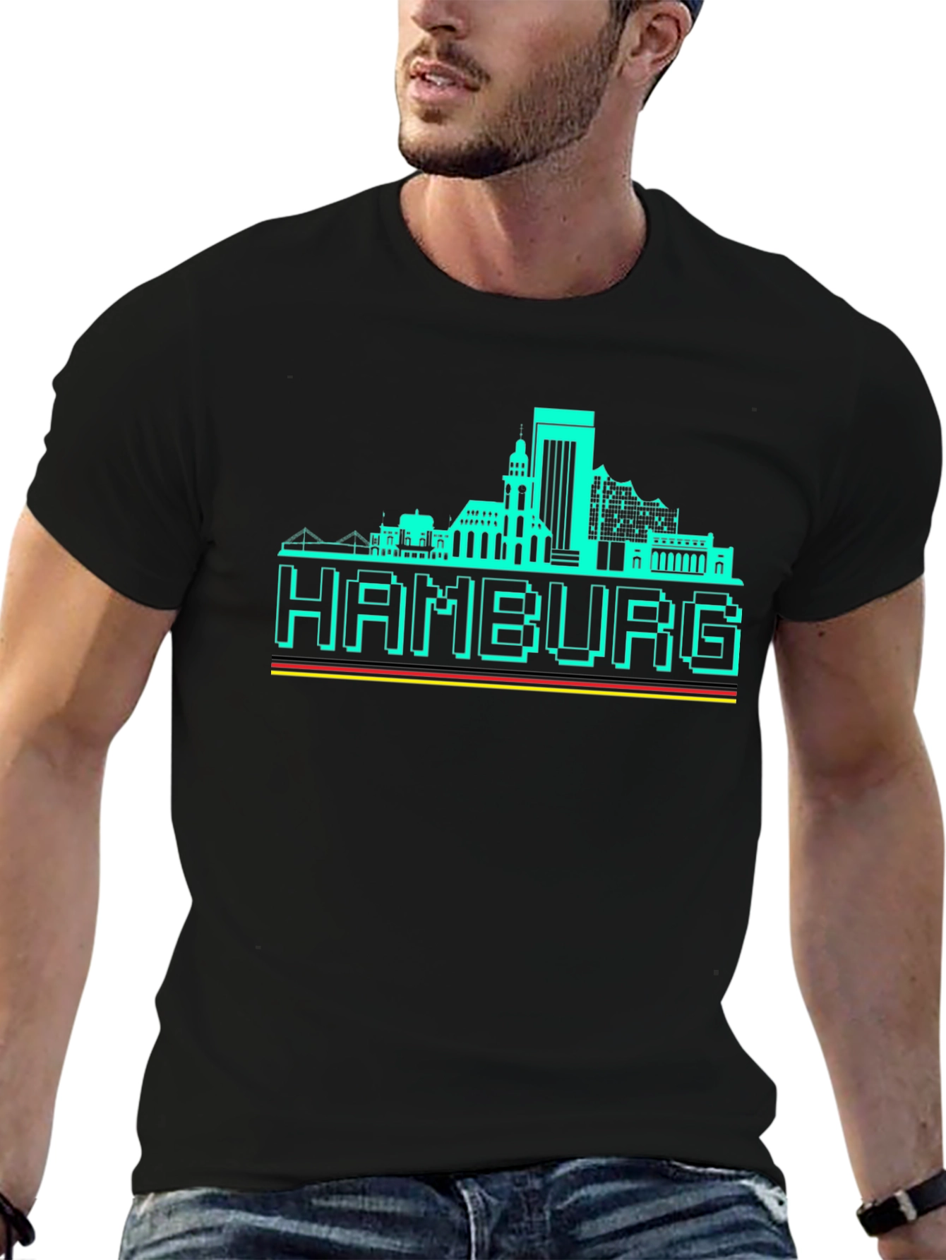 Hamburg Skyline Graphic Tee - Pixel Art Black T-Shirt