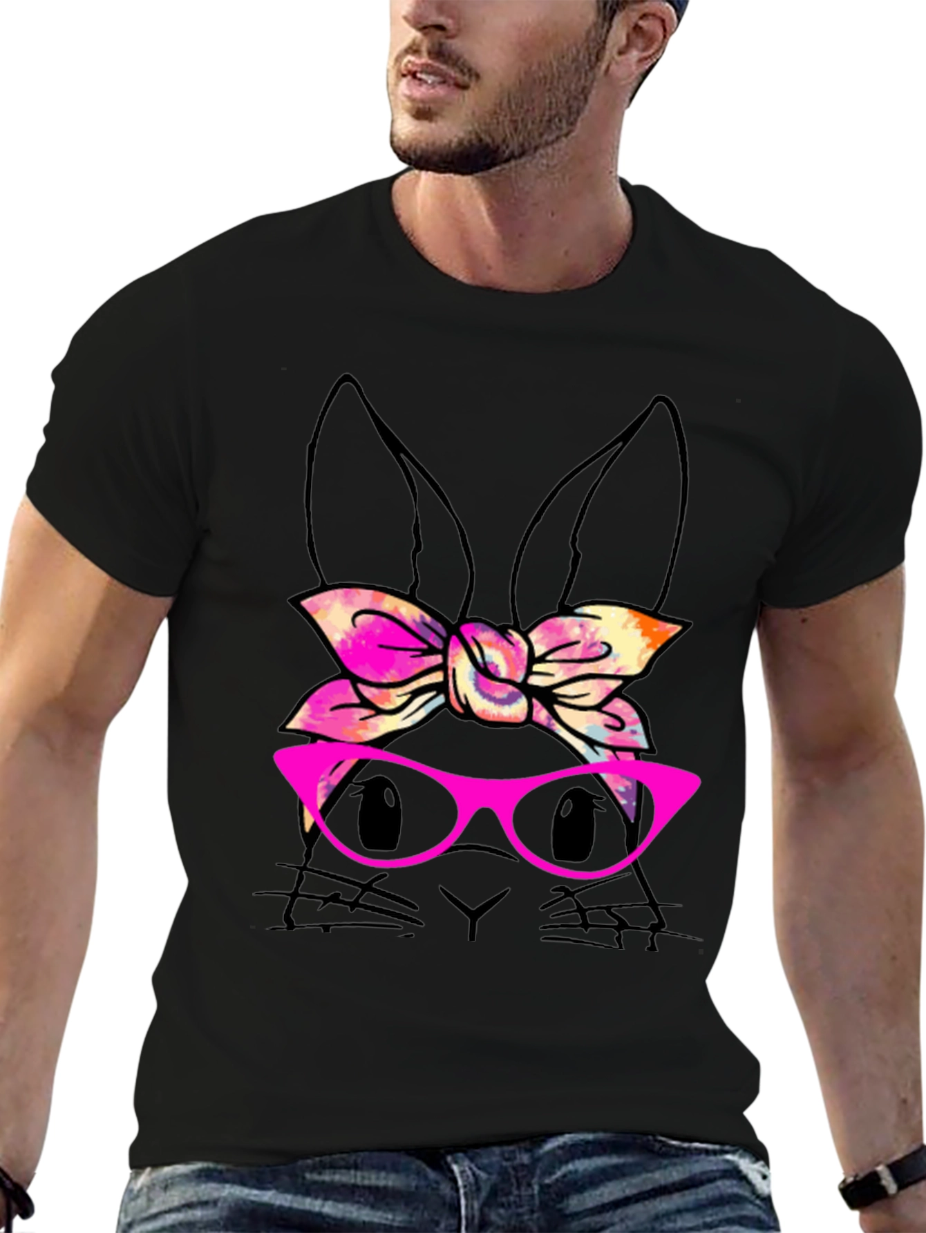 Bunny with Bow & Glasses Black T-Shirt