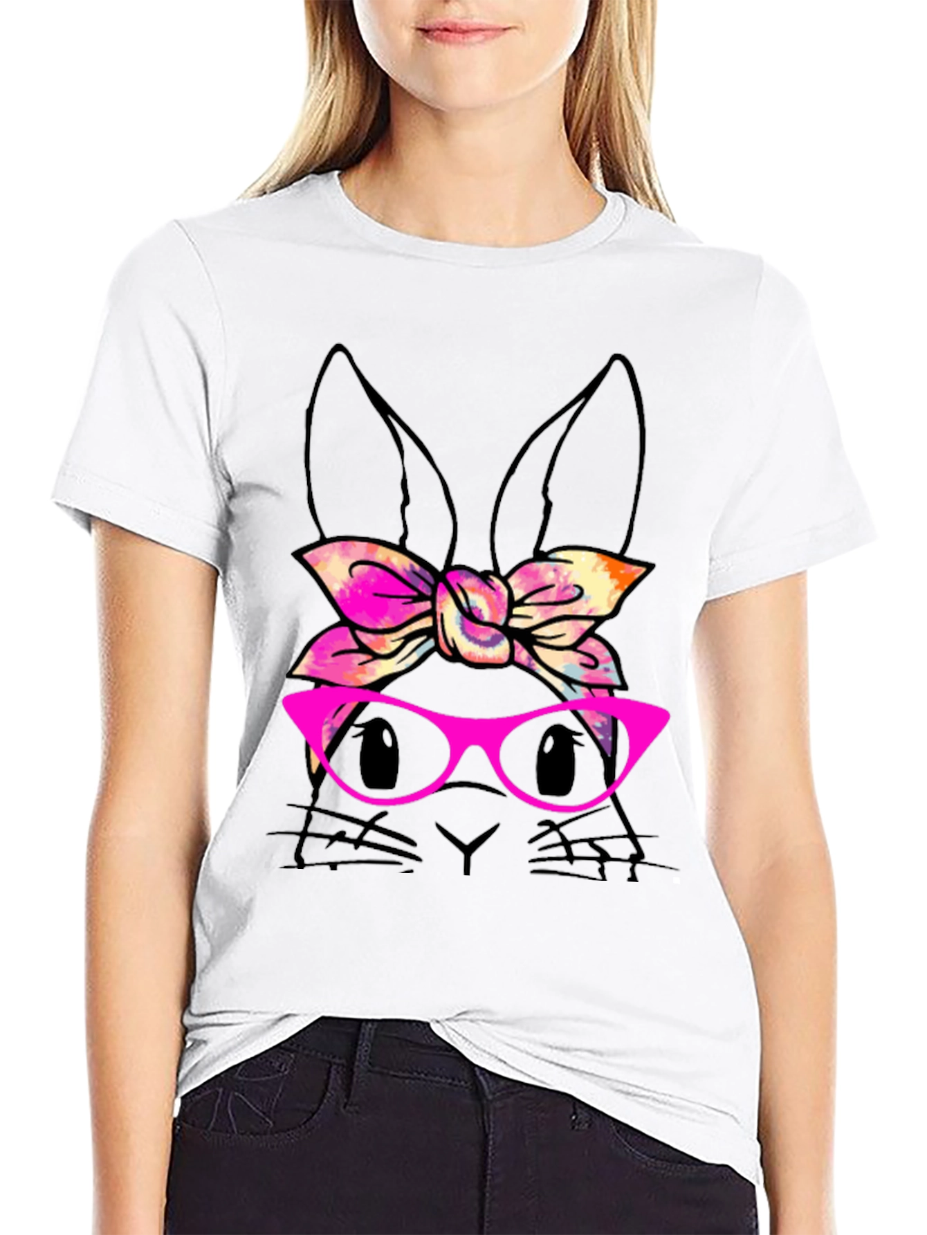 Bunny with Bow & Glasses Black T-Shirt