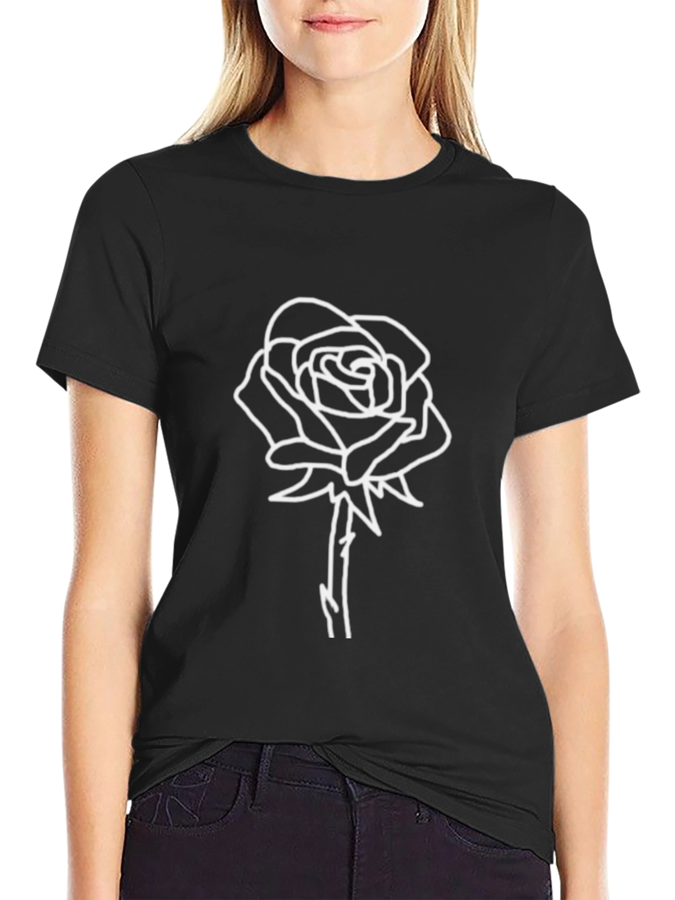 Black T-Shirt with White Rose Design