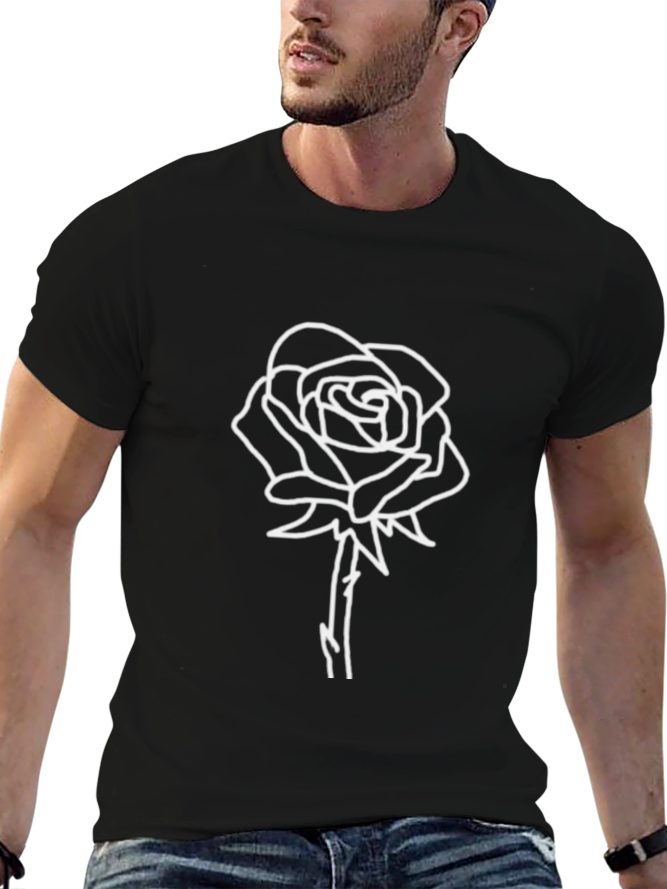 Black T-Shirt with White Rose Design