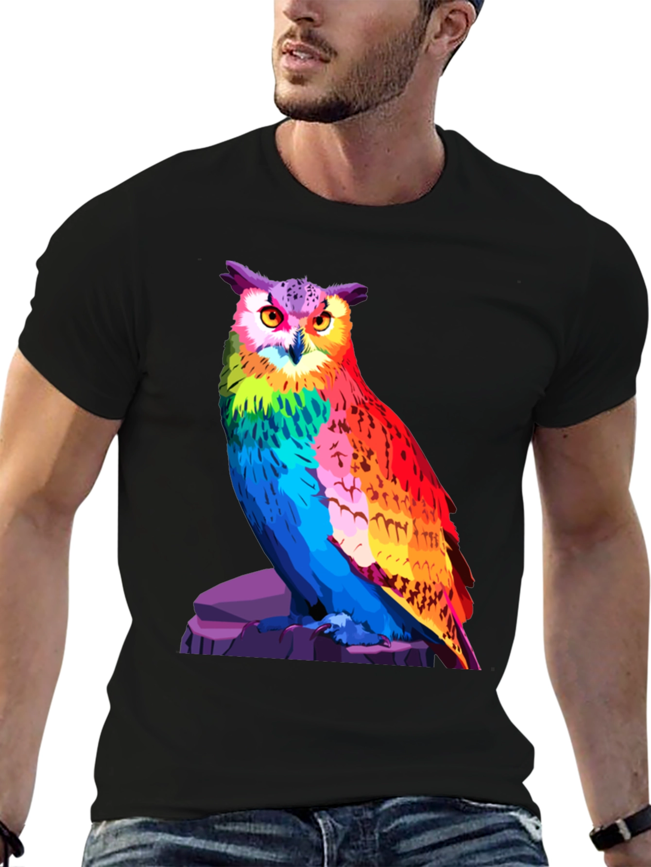 Rainbow Owl Graphic Tee - Vivid Bird Print T-Shirt