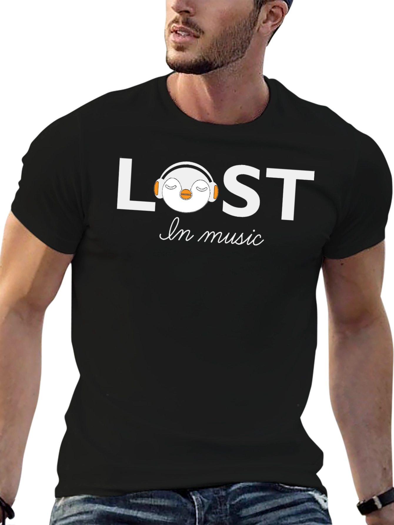 Lost in Music Graphic Tee - Penguin Headphone Design