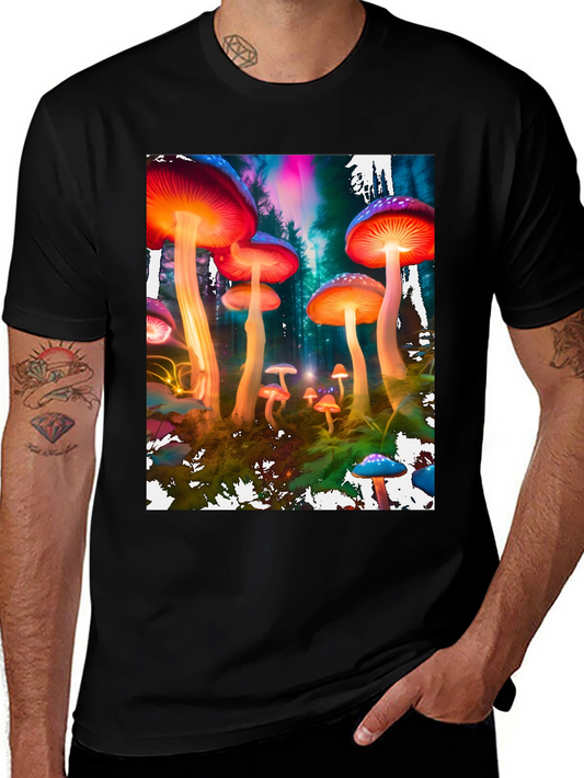 Luminous Mushroom Forest Graphic Tee - Nature Fantasy Shirt