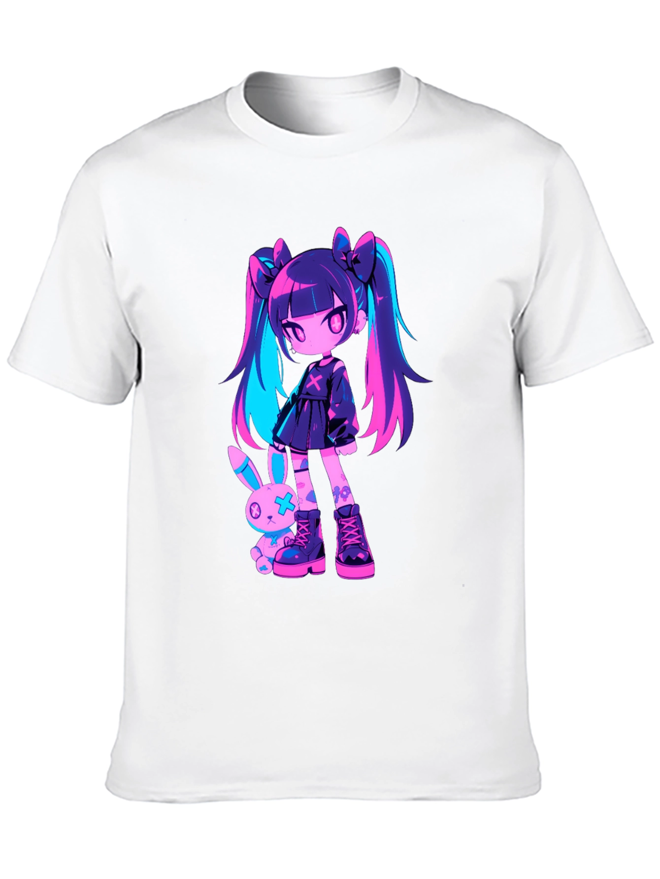 Anime Girl & Bunny Black T-Shirt