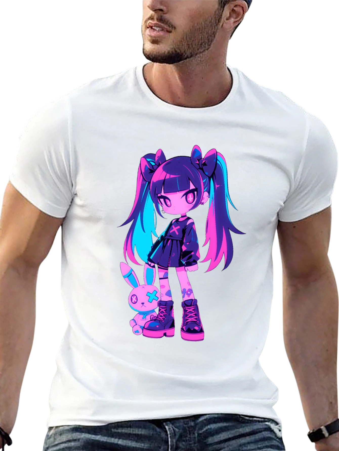 Anime Girl & Bunny Black T-Shirt