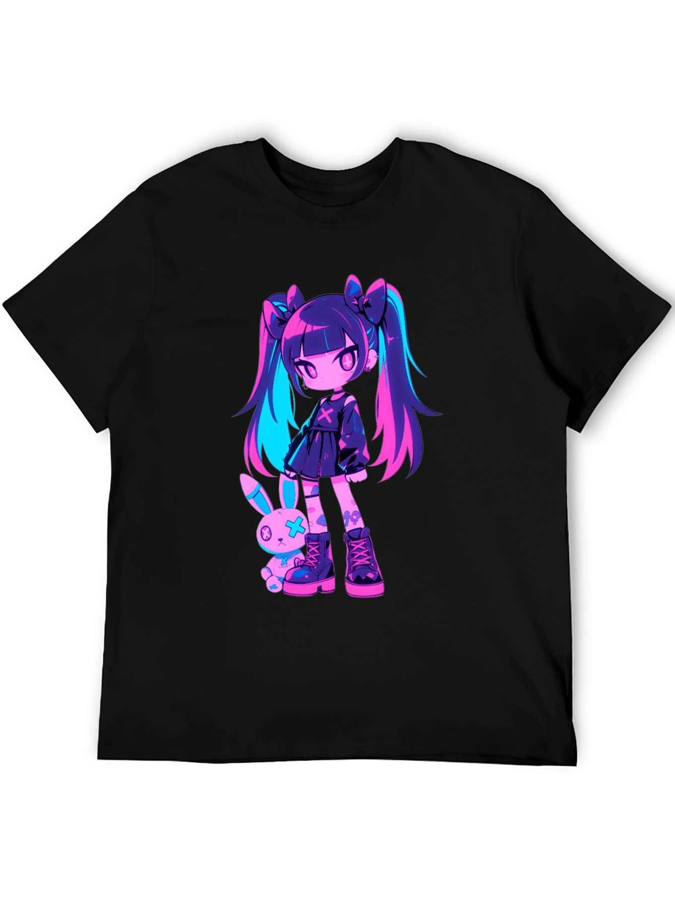 Anime Girl & Bunny Black T-Shirt