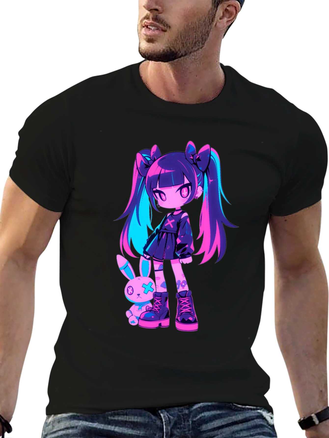 Anime Girl & Bunny Black T-Shirt