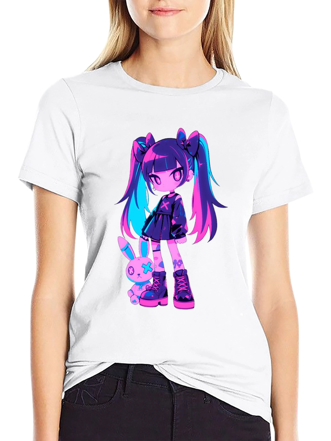 Anime Girl & Bunny Black T-Shirt