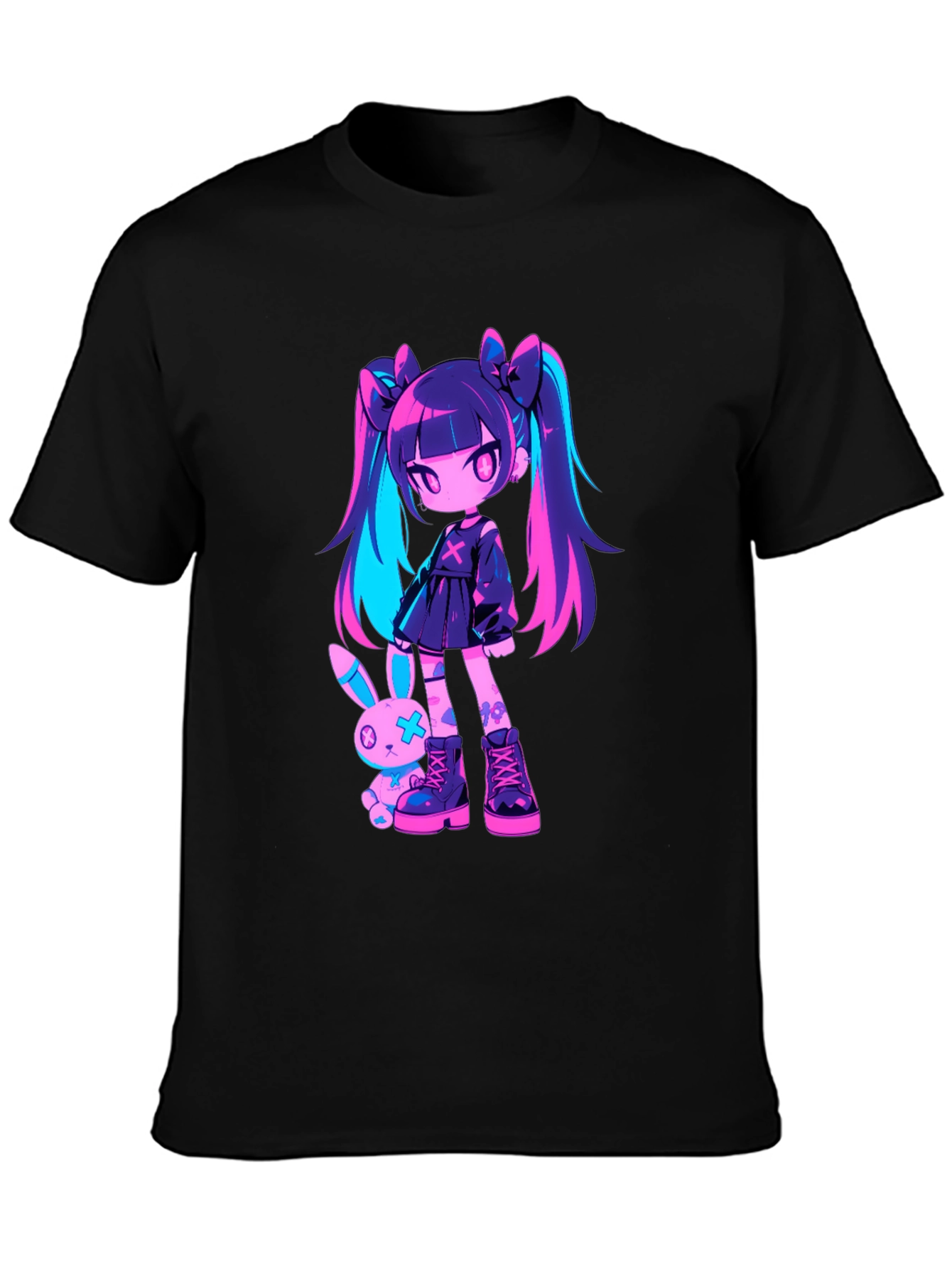 Anime Girl & Bunny Black T-Shirt
