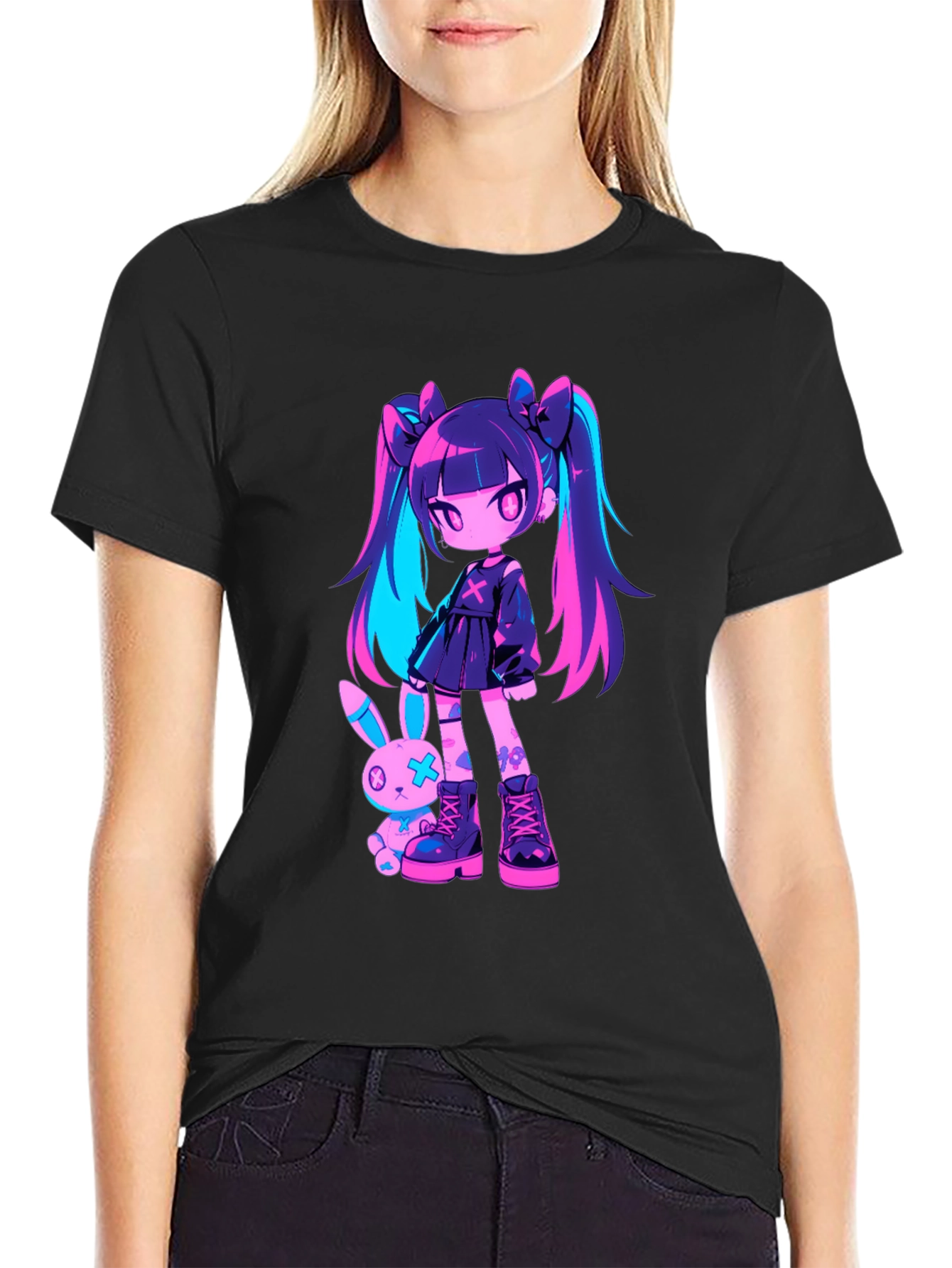 Anime Girl & Bunny Black T-Shirt