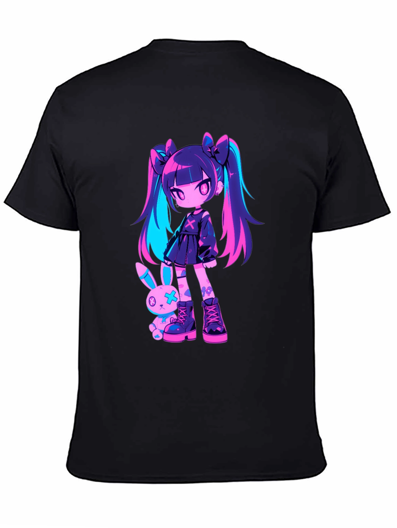 Anime Girl & Bunny Black T-Shirt