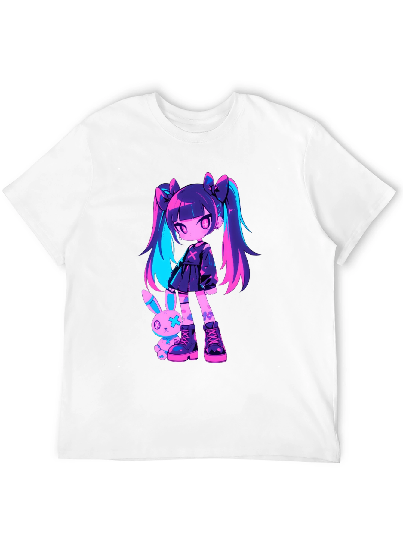Anime Girl & Bunny Black T-Shirt
