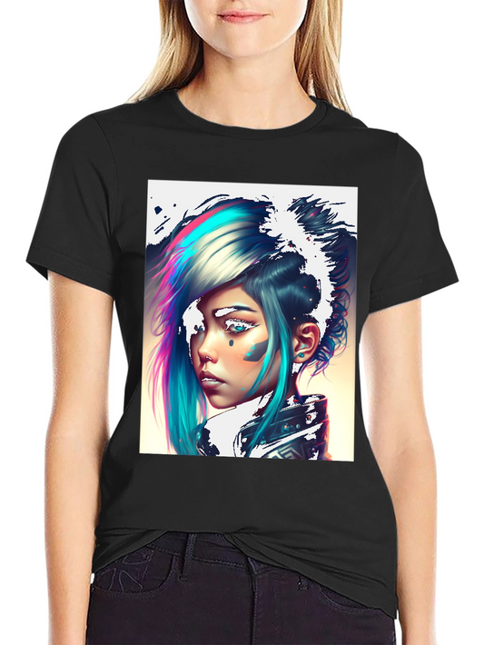 Cyberpunk Girl Graphic Tee - Black Cotton