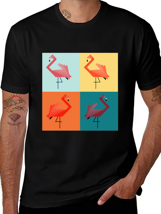 Geometric Flamingo Pop Art Black T-Shirt