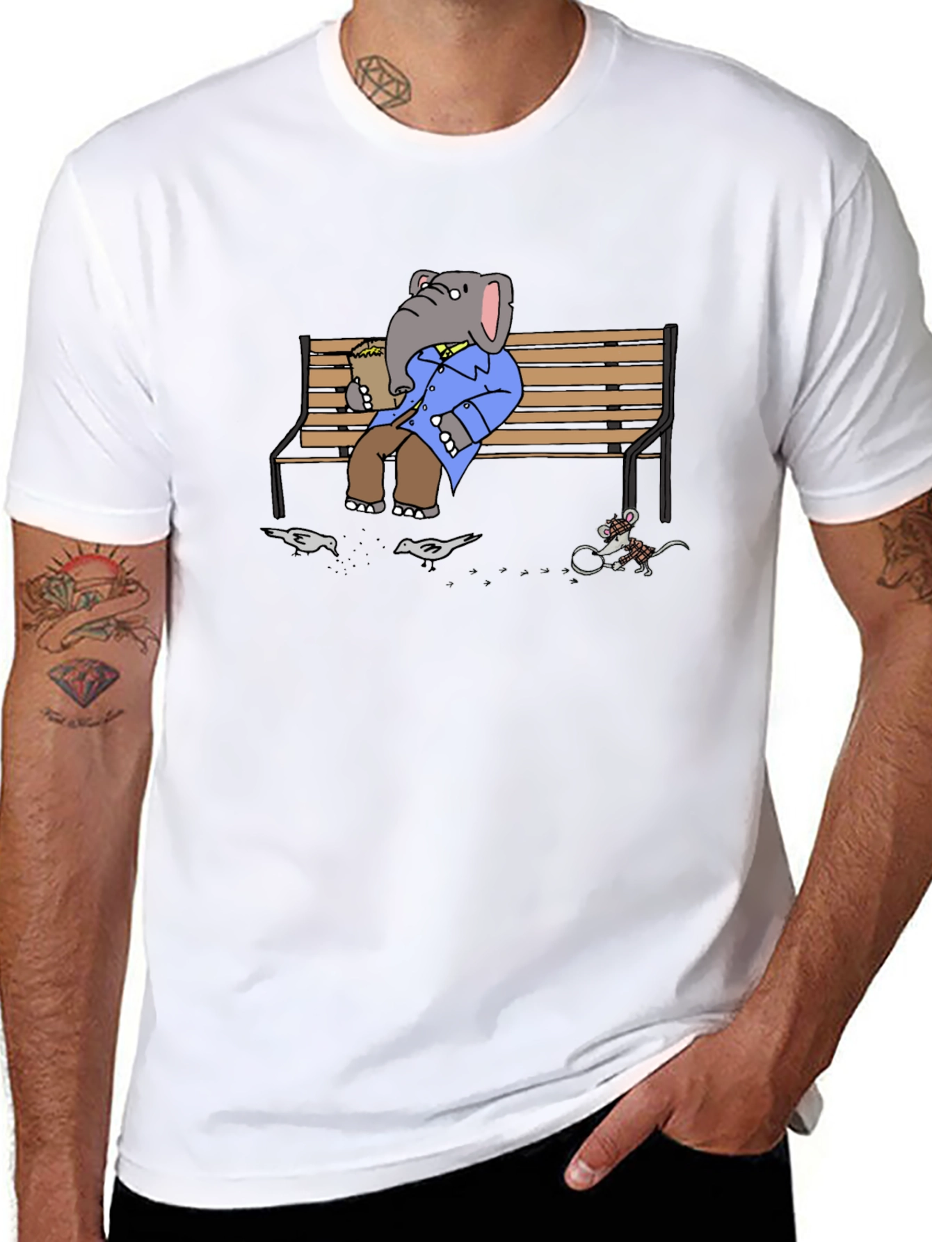 Elephant on Bench T-Shirt - Funny Cartoon Graphic Tee