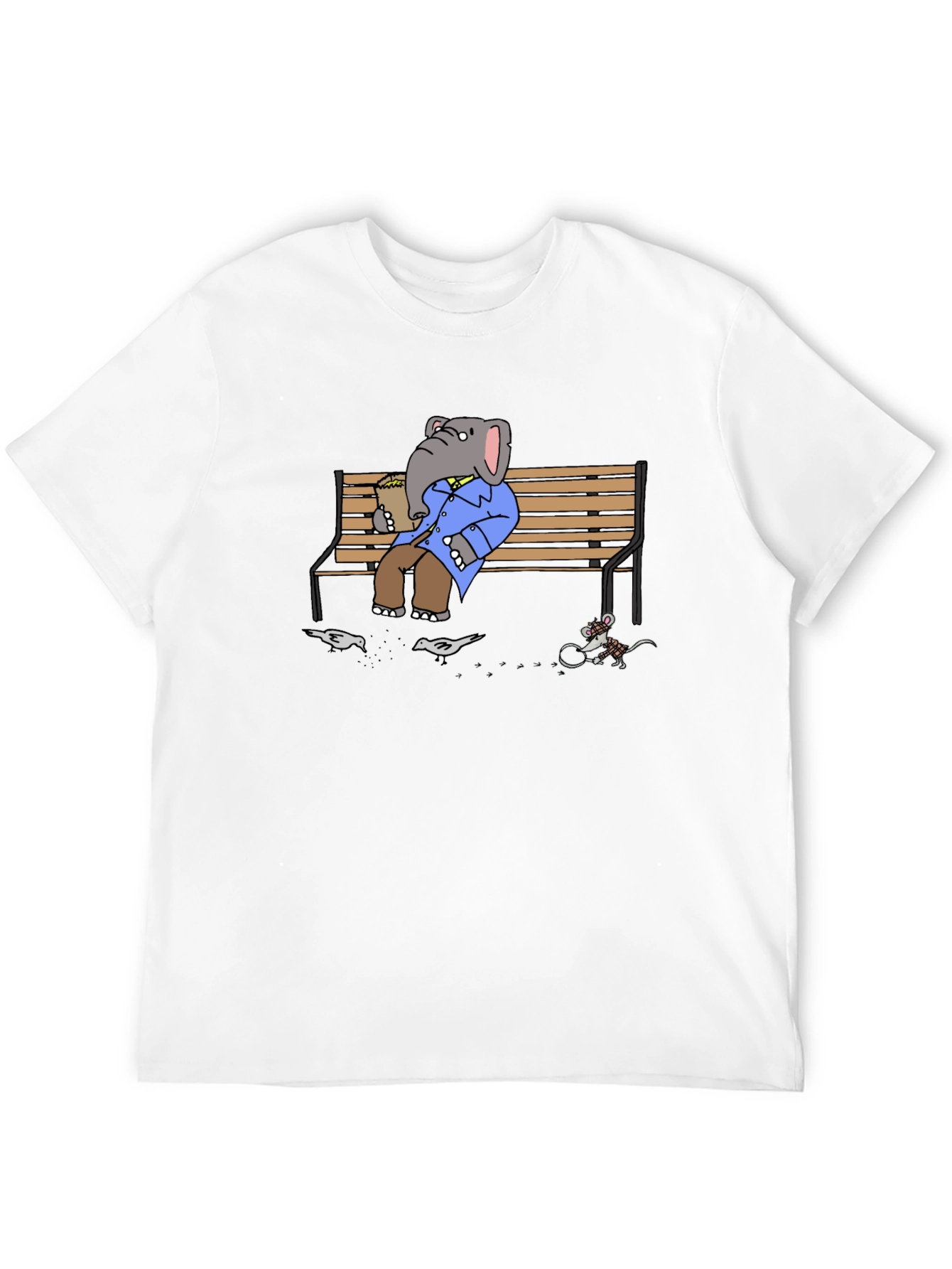 Elephant on Bench T-Shirt - Funny Cartoon Graphic Tee