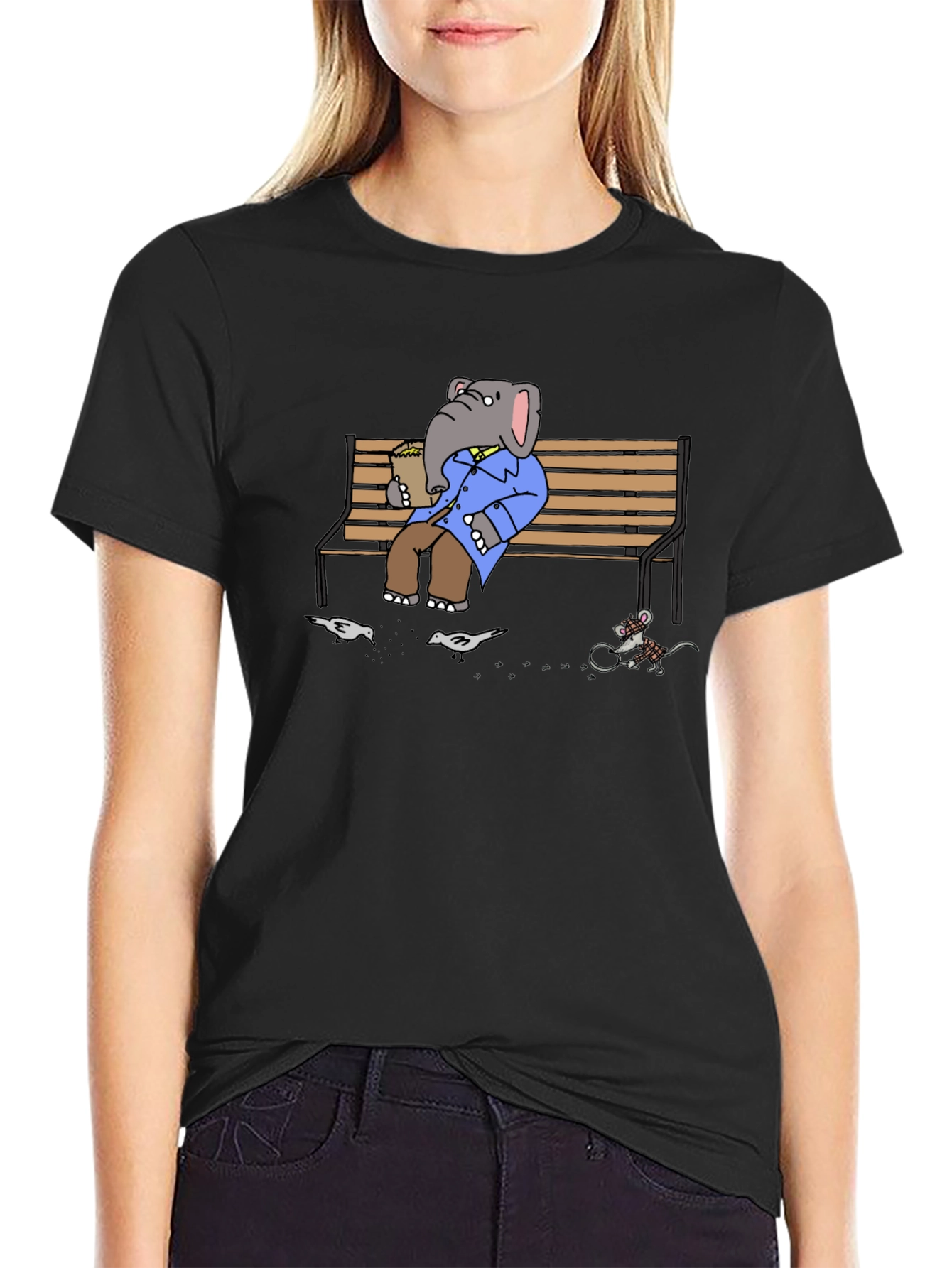 Elephant on Bench T-Shirt - Funny Cartoon Graphic Tee