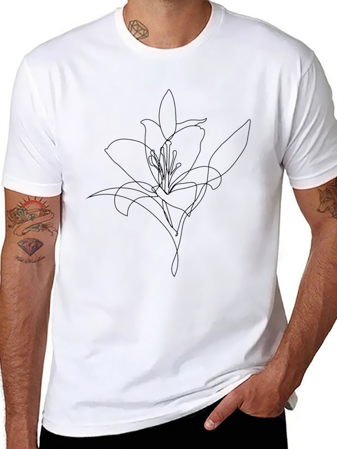 Minimalist Lily Line Art Black T-Shirt