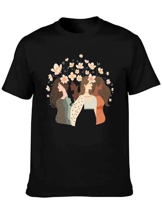 Floral Women Graphic Tee - Black Cotton T-Shirt