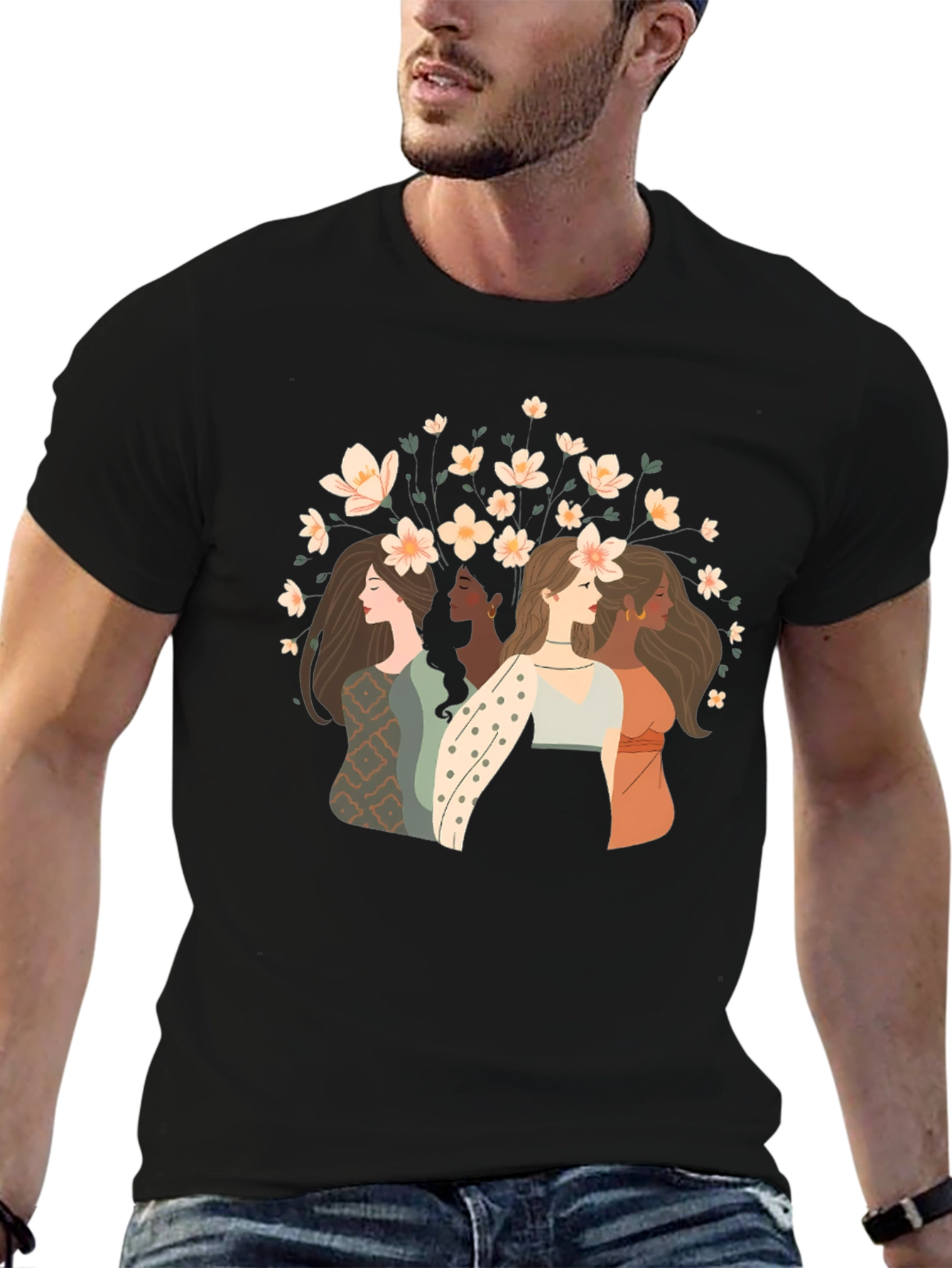 Floral Women Graphic Tee - Black Cotton T-Shirt