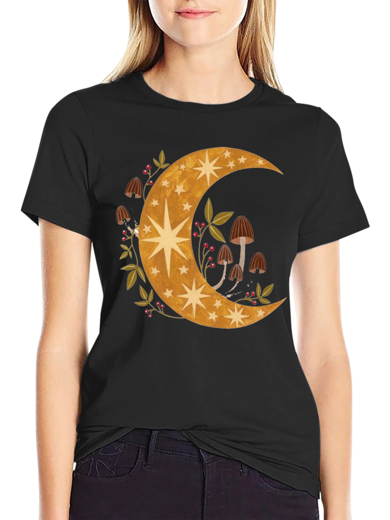 Celestial Crescent Moon & Mushroom T-Shirt