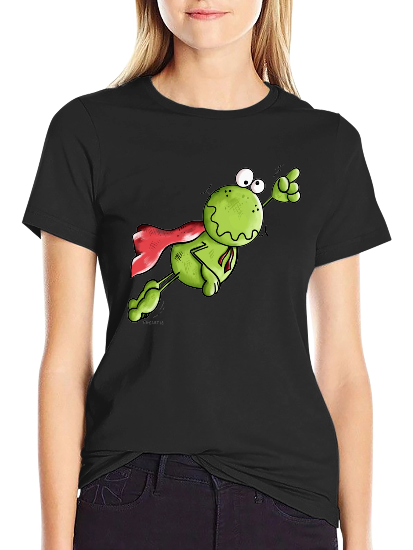 Superhero Frog Graphic Tee - Black Cotton T-Shirt