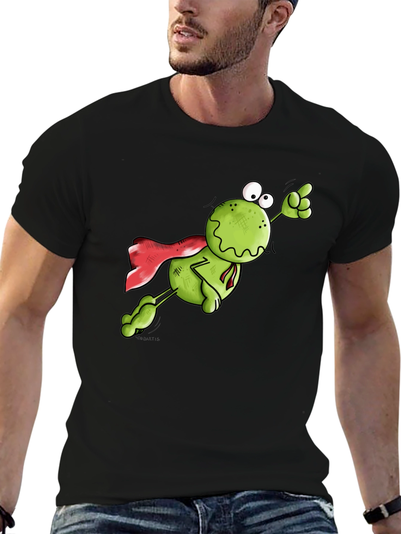Superhero Frog Graphic Tee - Black Cotton T-Shirt