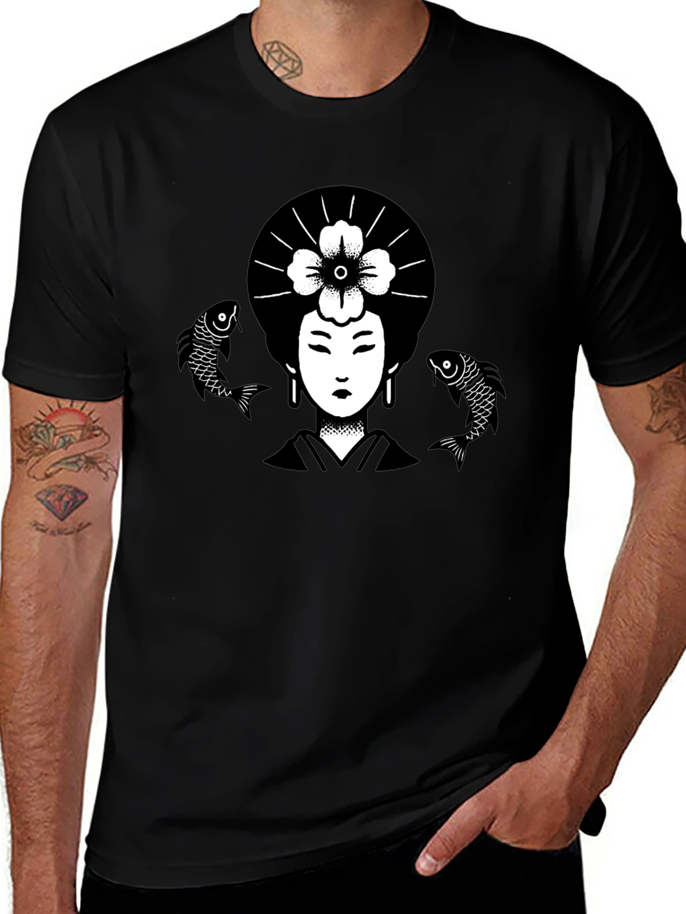 Geisha Koi Fish Graphic Tee - Unique Black T-Shirt