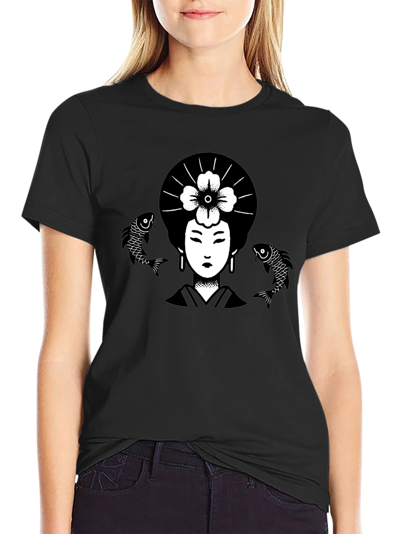 Geisha Koi Fish Graphic Tee - Unique Black T-Shirt