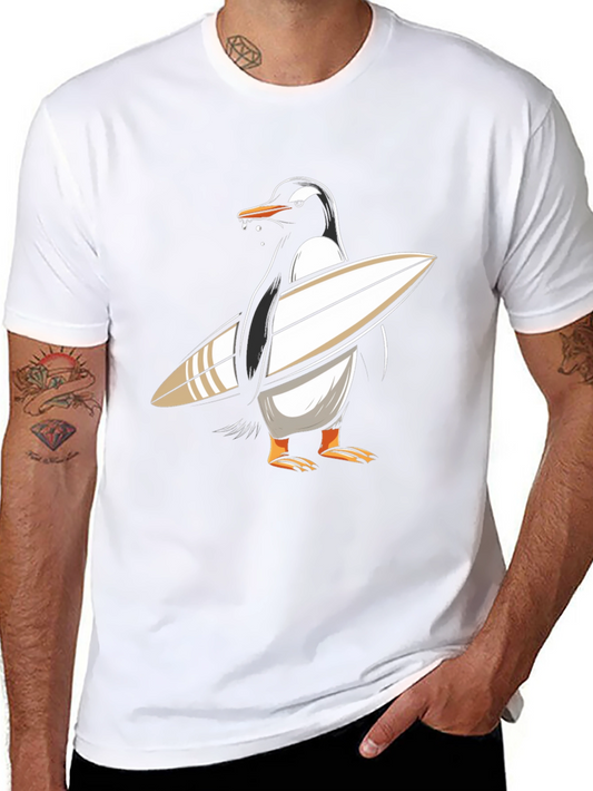 Surfing Penguin Graphic Tee - Black Cotton T-Shirt