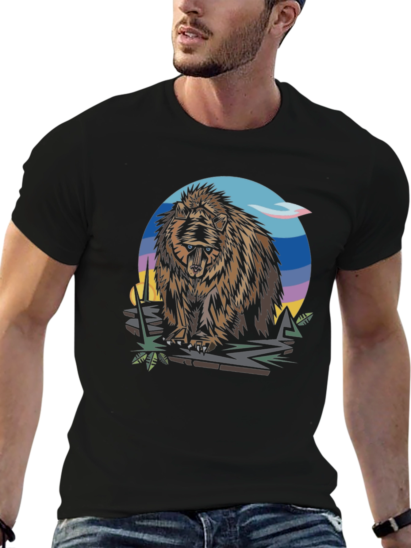 Bear Graphic Print Black T-Shirt