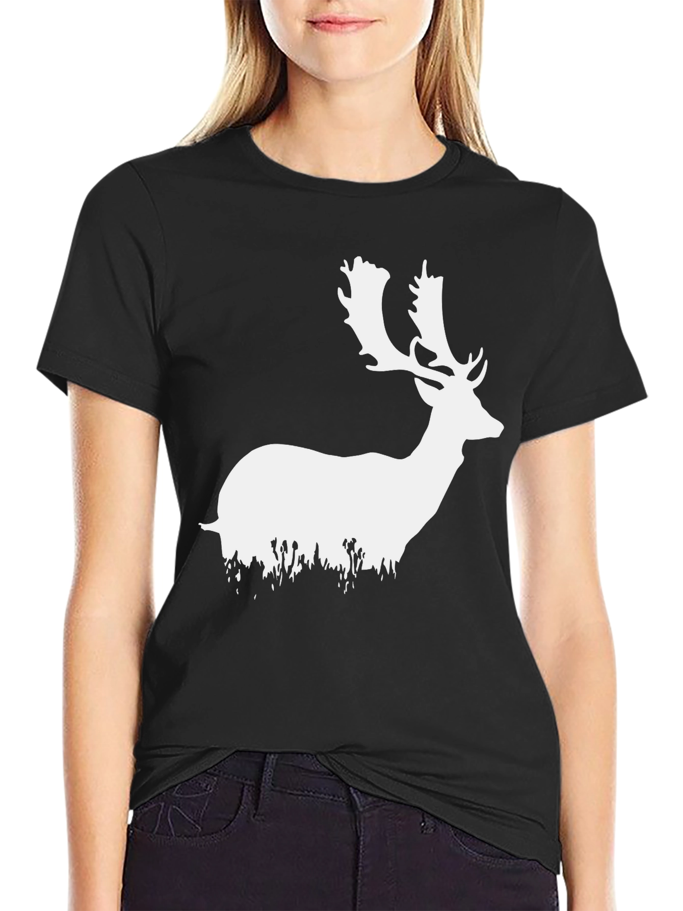 Deer Silhouette Graphic Tee - Black Cotton Blend