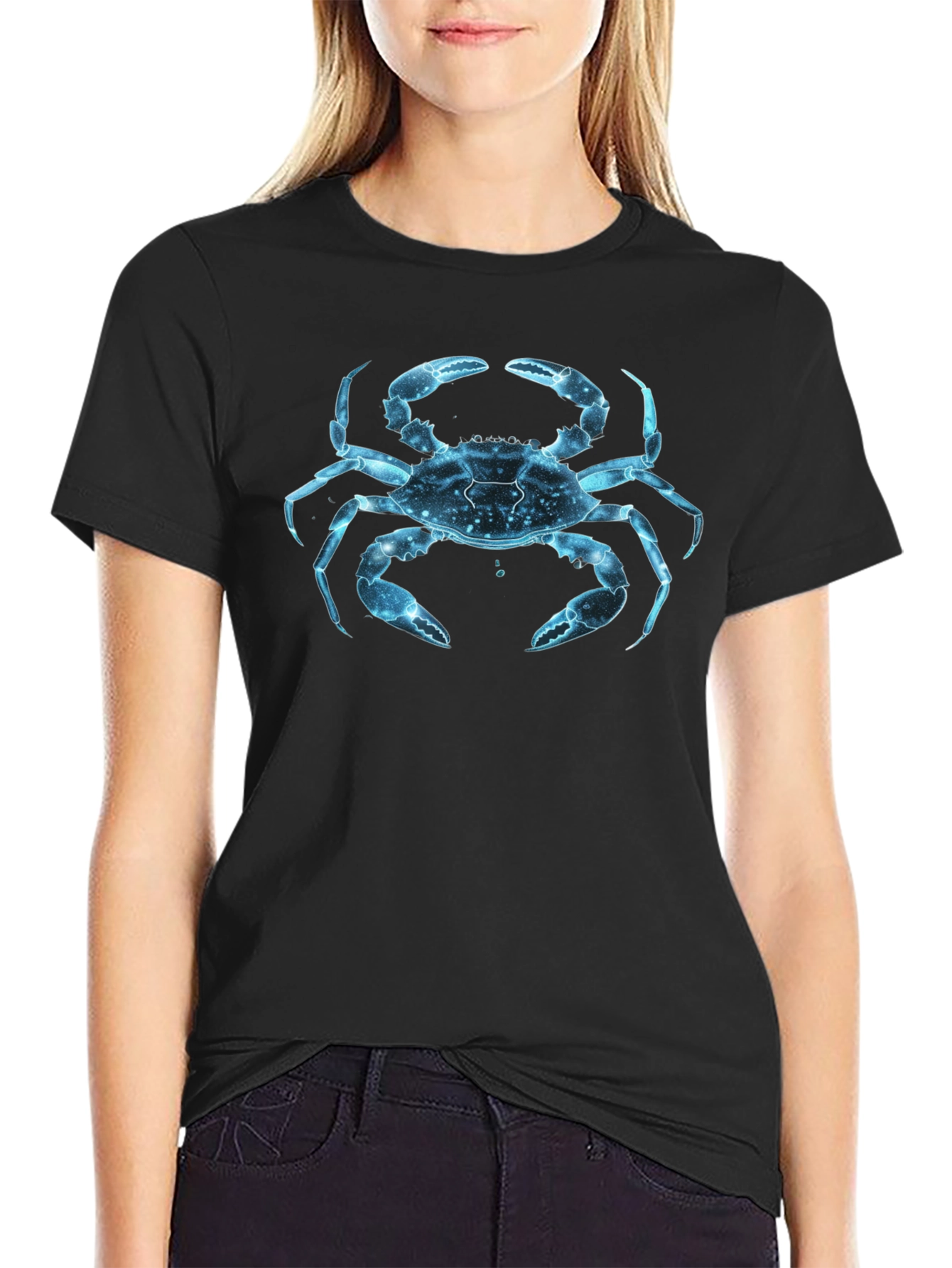 Blue Crab Graphic Print Black T-Shirt