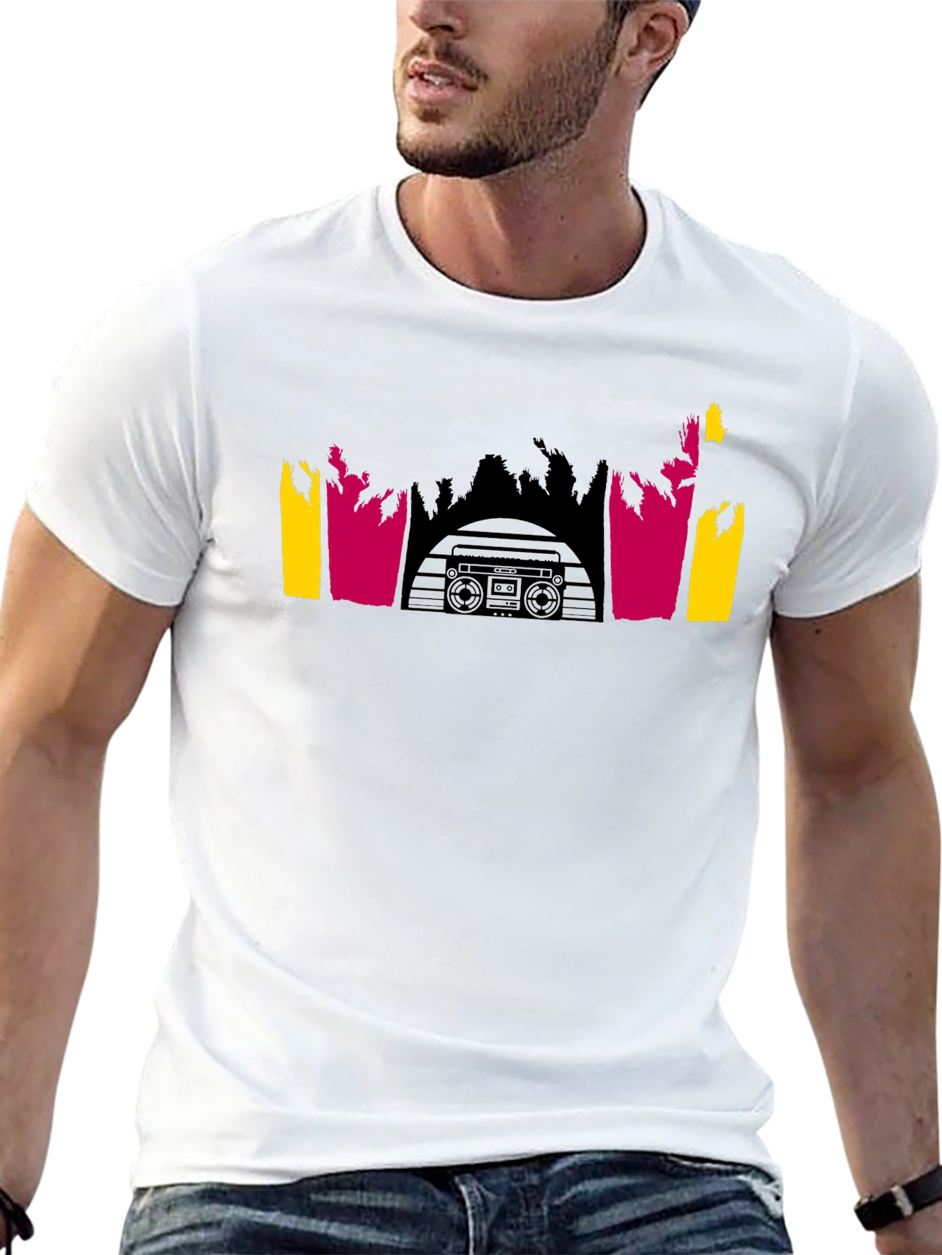 Retro Boombox Palm Tree Graphic Tee - Black Cotton