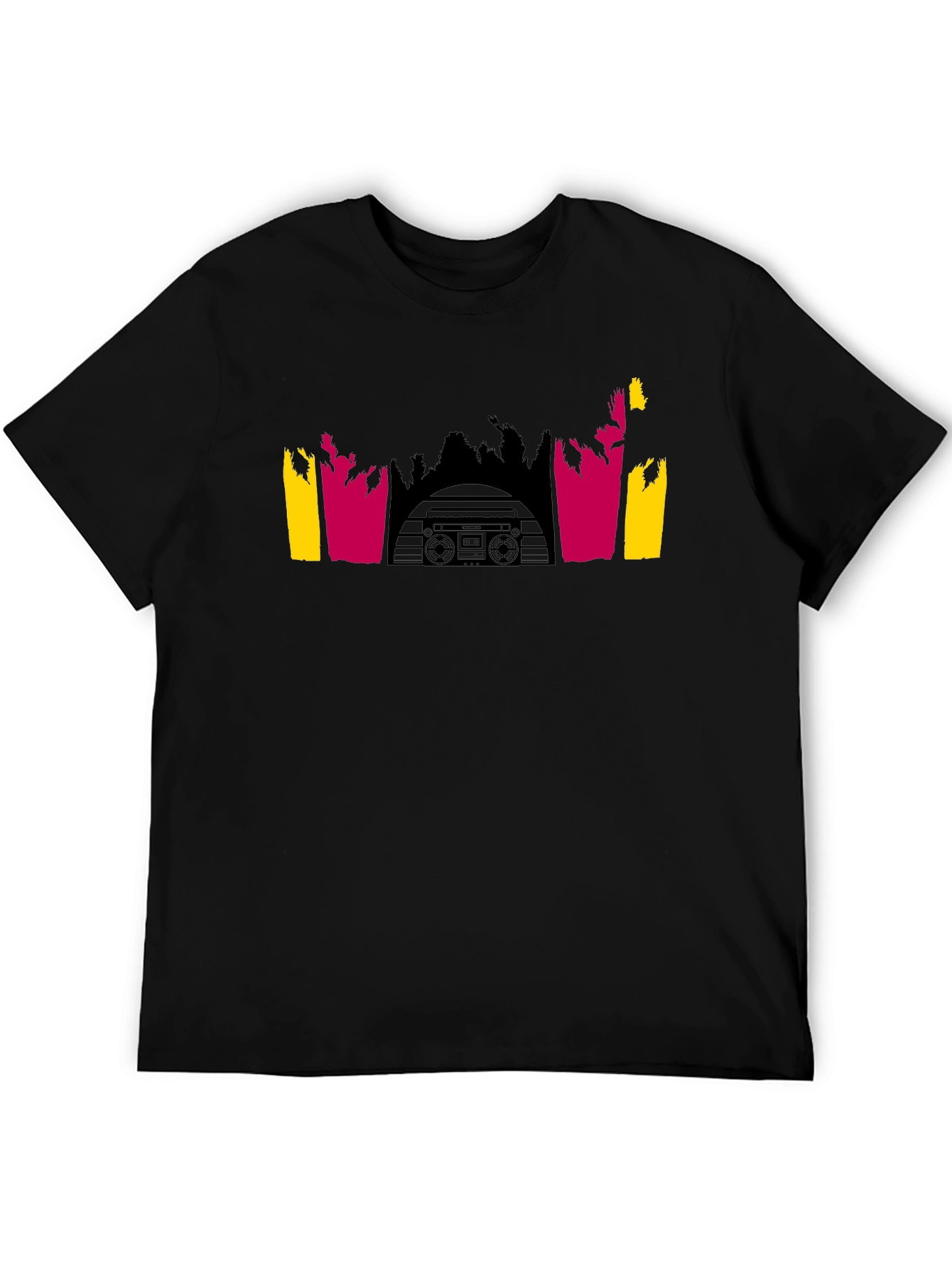 Retro Boombox Palm Tree Graphic Tee - Black Cotton