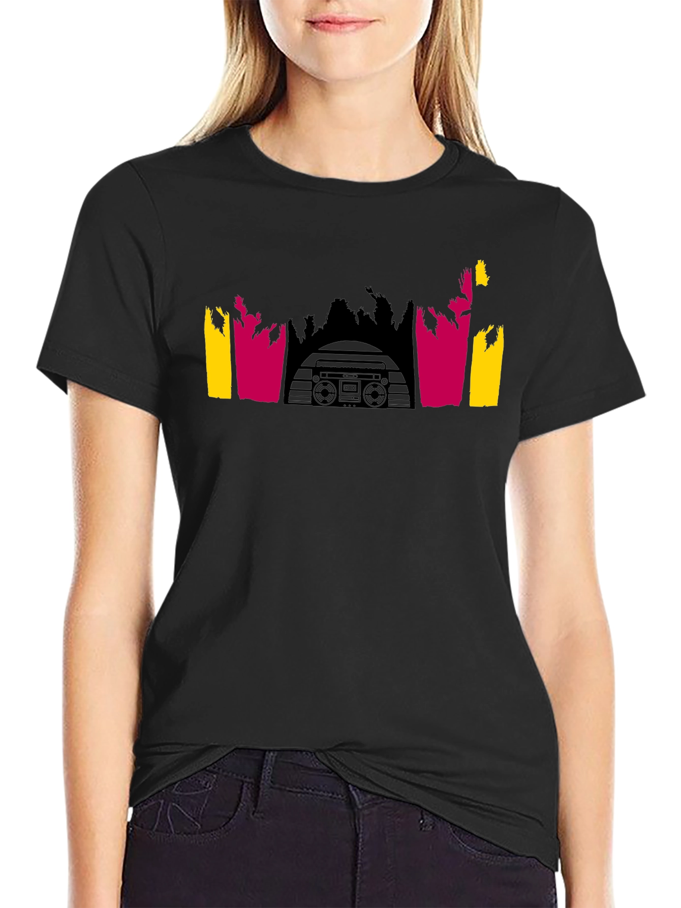 Retro Boombox Palm Tree Graphic Tee - Black Cotton