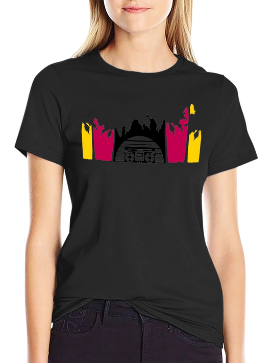 Retro Boombox Palm Tree Graphic Tee - Black Cotton