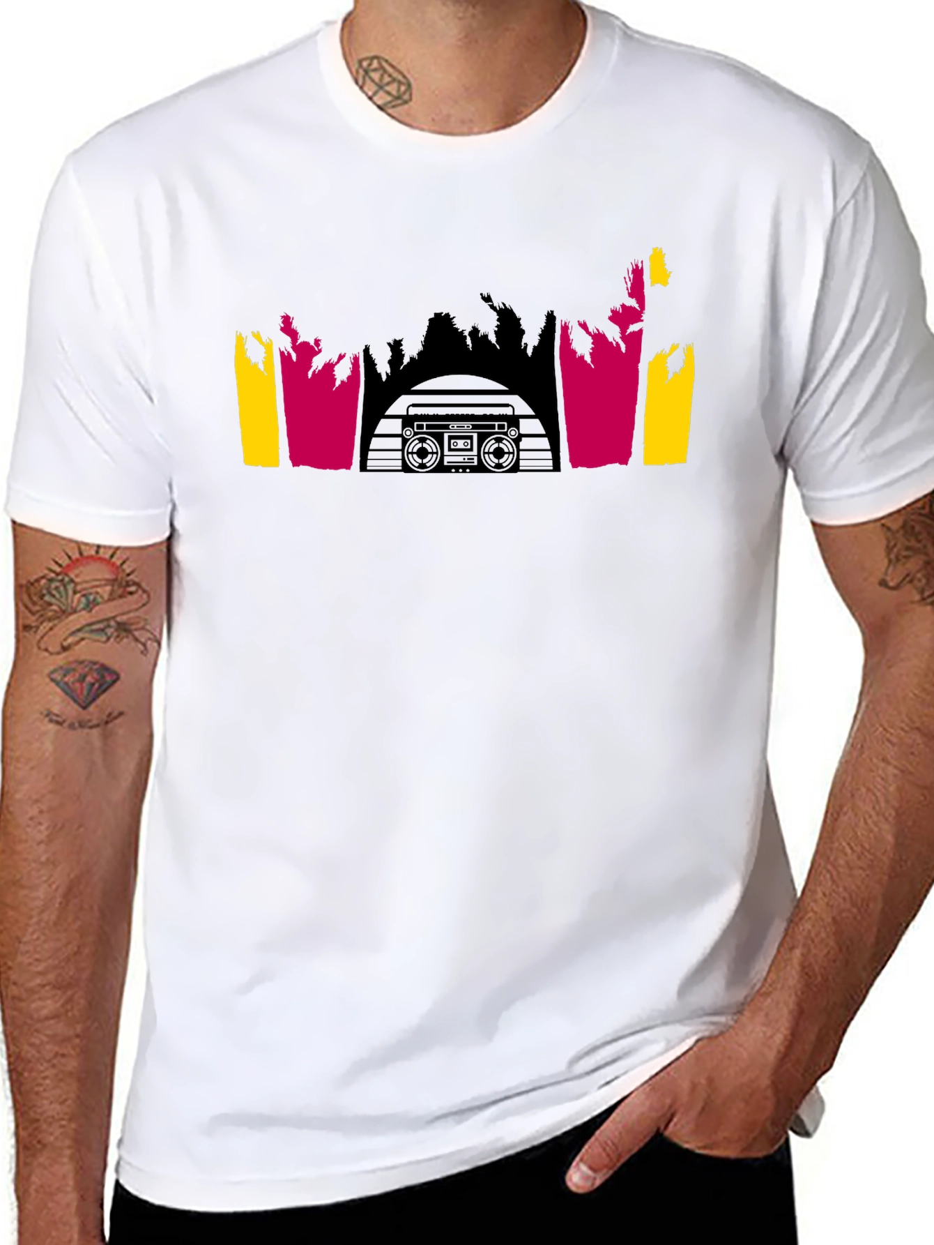 Retro Boombox Palm Tree Graphic Tee - Black Cotton