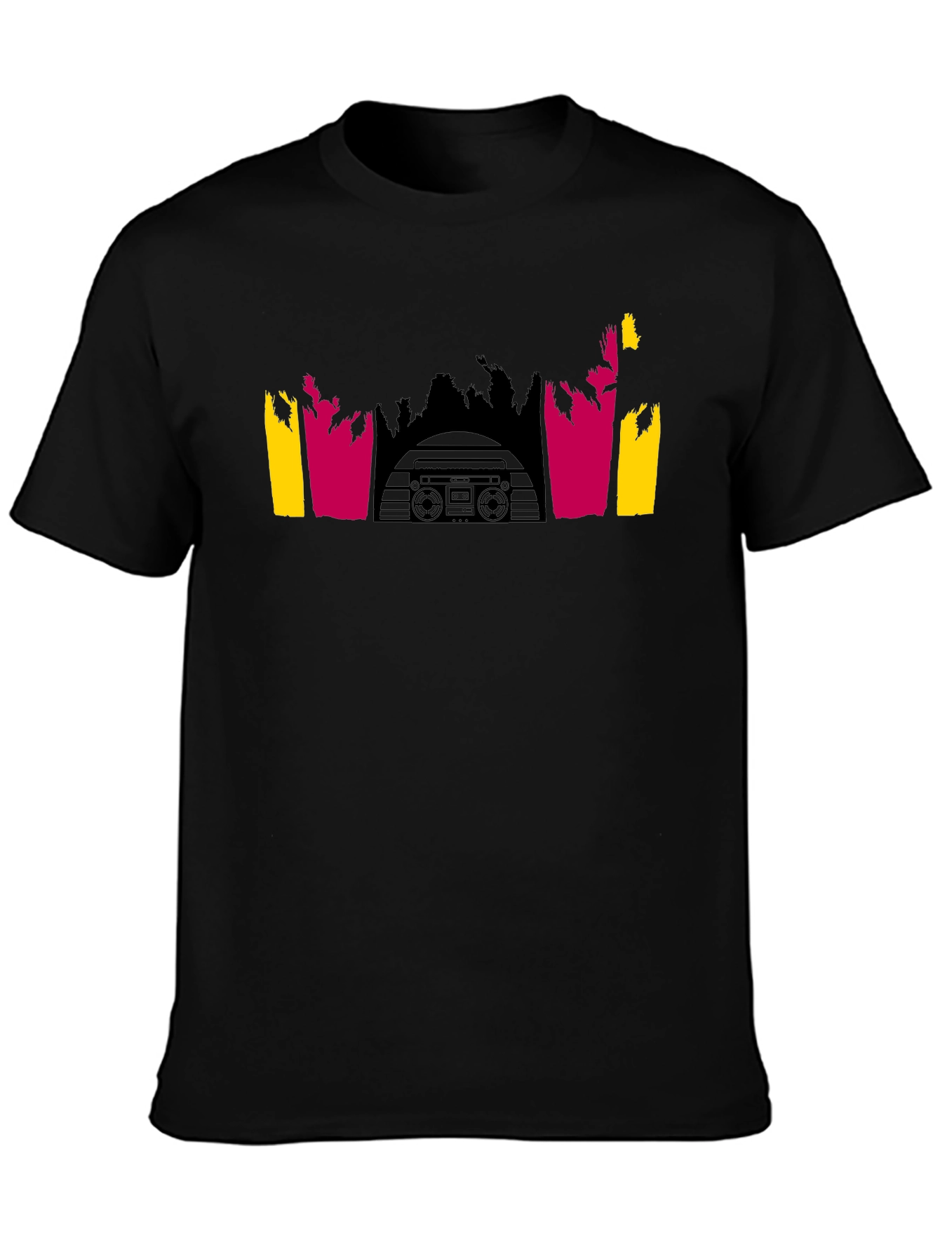Retro Boombox Palm Tree Graphic Tee - Black Cotton