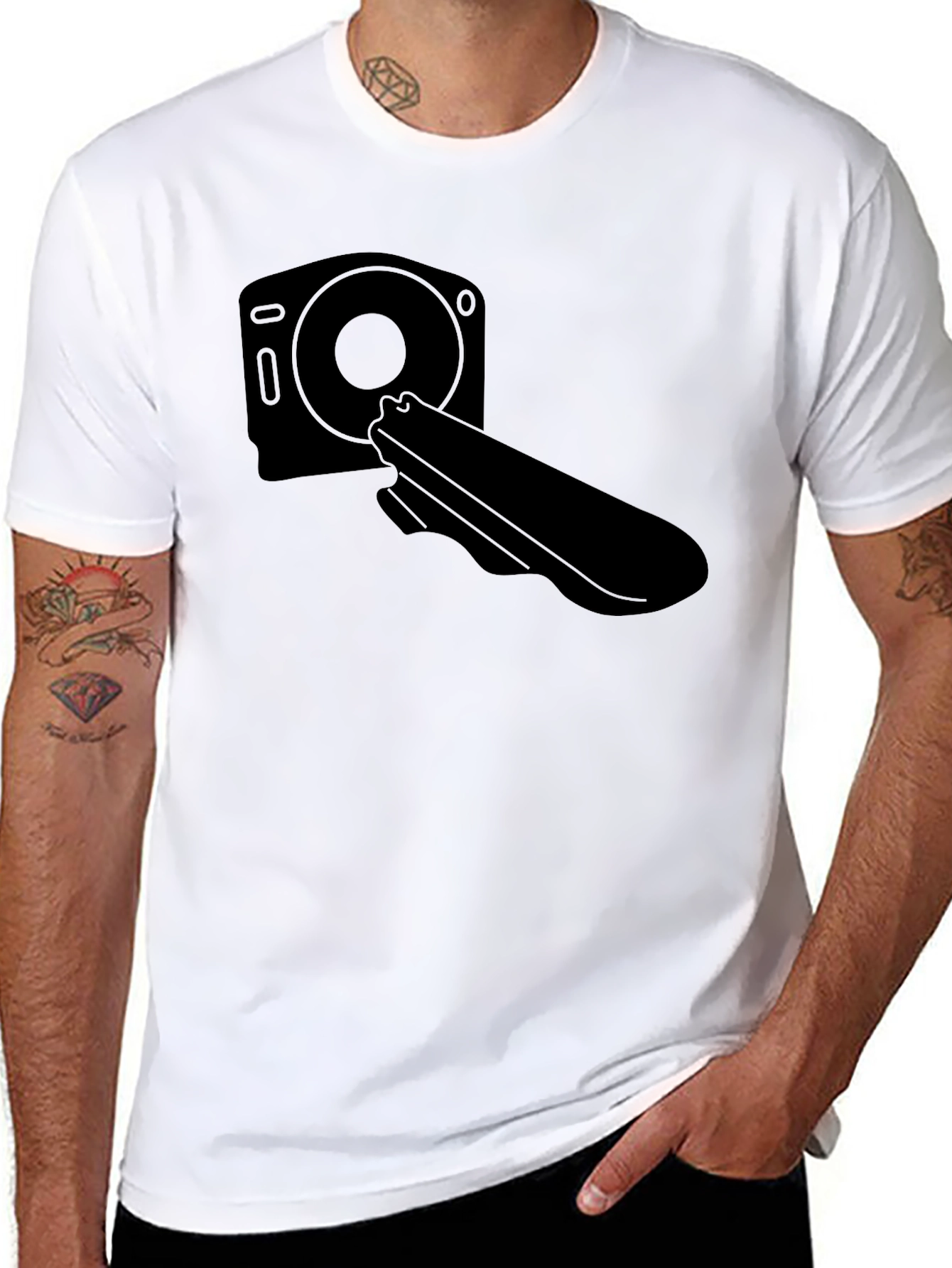 Black T-Shirt with Camera and Holster Graphic