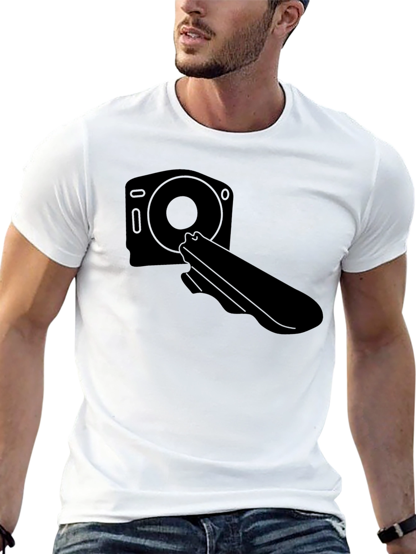 Black T-Shirt with Camera and Holster Graphic