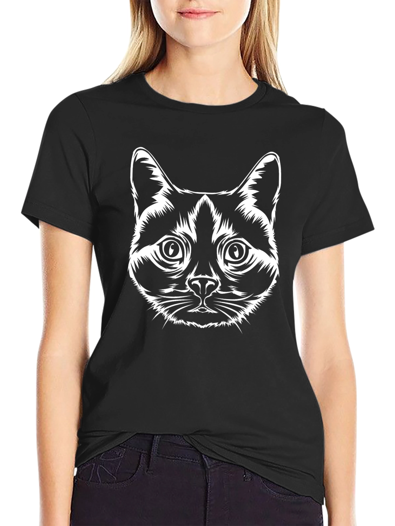 Cool Cat Face Graphic Tee - Black