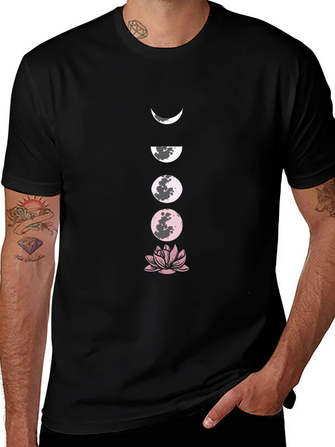 Moon Phases and Lotus Black T-Shirt