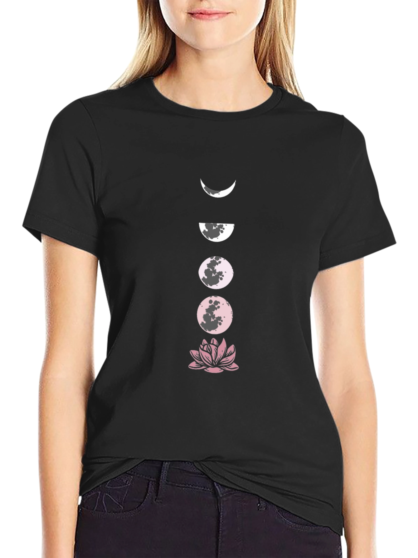 Moon Phases and Lotus Black T-Shirt