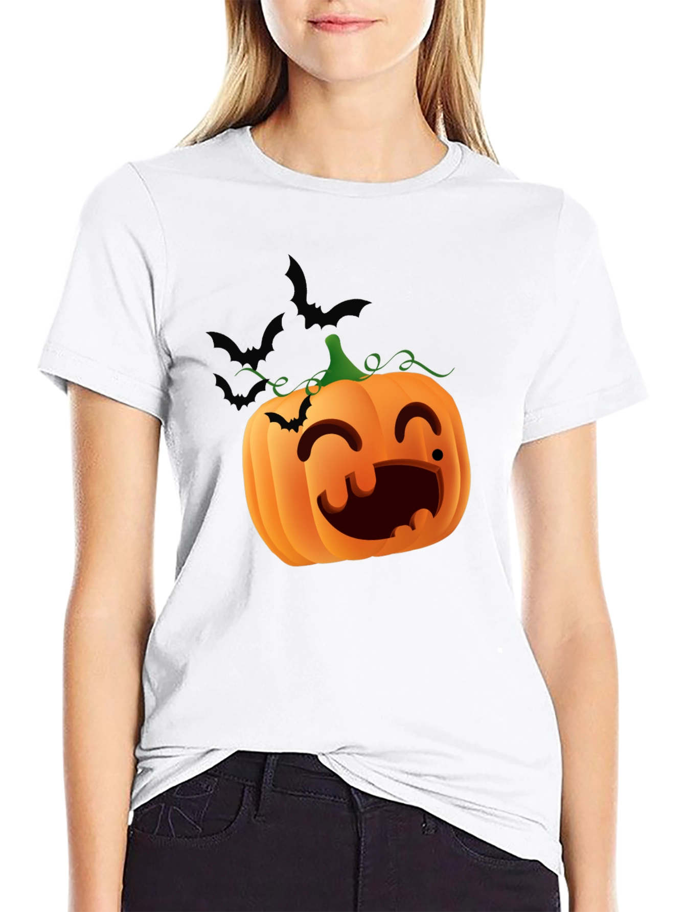 Halloween Pumpkin Bats Graphic Black T-Shirt