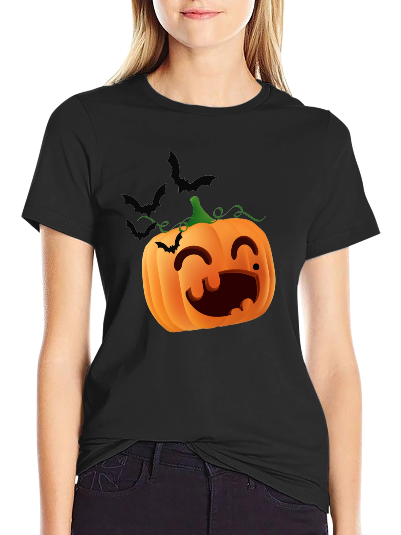 Halloween Pumpkin Bats Graphic Black T-Shirt