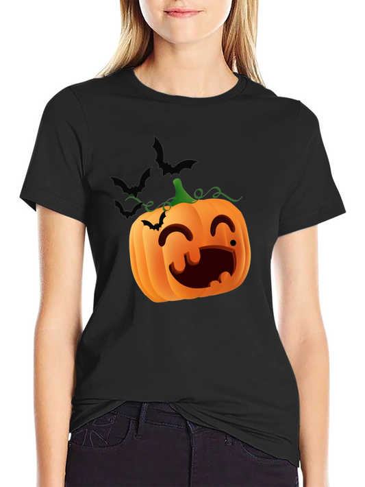 Halloween Pumpkin Bats Graphic Black T-Shirt