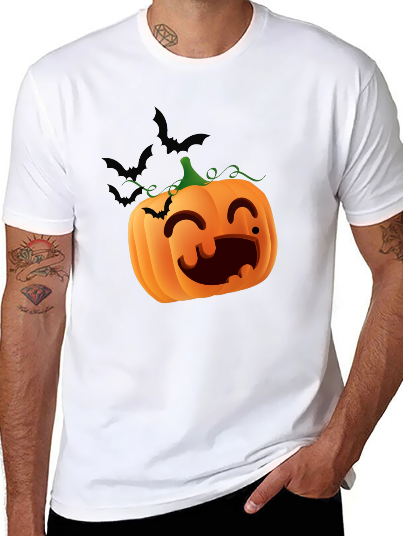 Halloween Pumpkin Bats Graphic Black T-Shirt