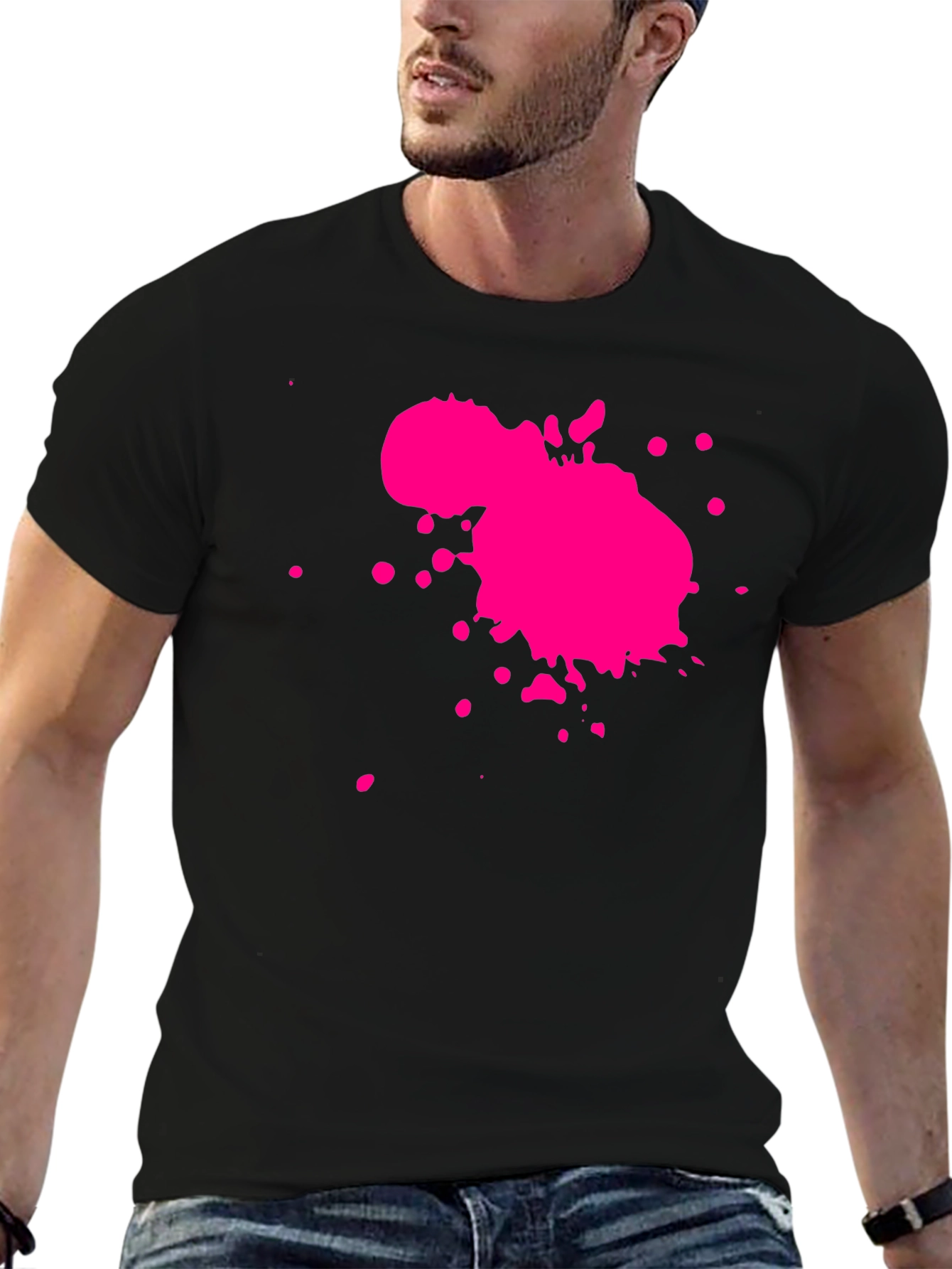 Mens Black T-Shirt with Pink Paint Splatter Design